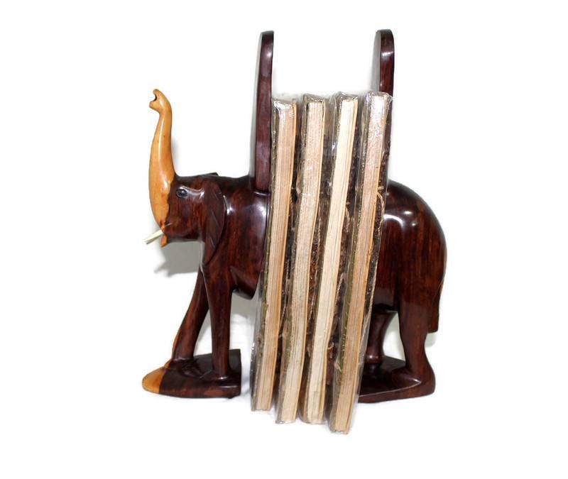 13 Inches Tall Book Ends. Ebony Wood Carved Elephant trunk Up book storage. Ready to Ship /Express Shipping Wedding and Birthday art Gifts.