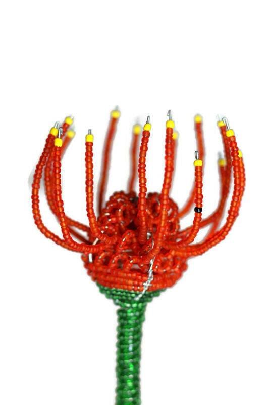 Beaded Pincushion Protea flower. Home and Office Decor floral Artwork by Job Guwhe. Express Shipping Worldwide. Custom Orders Welcome