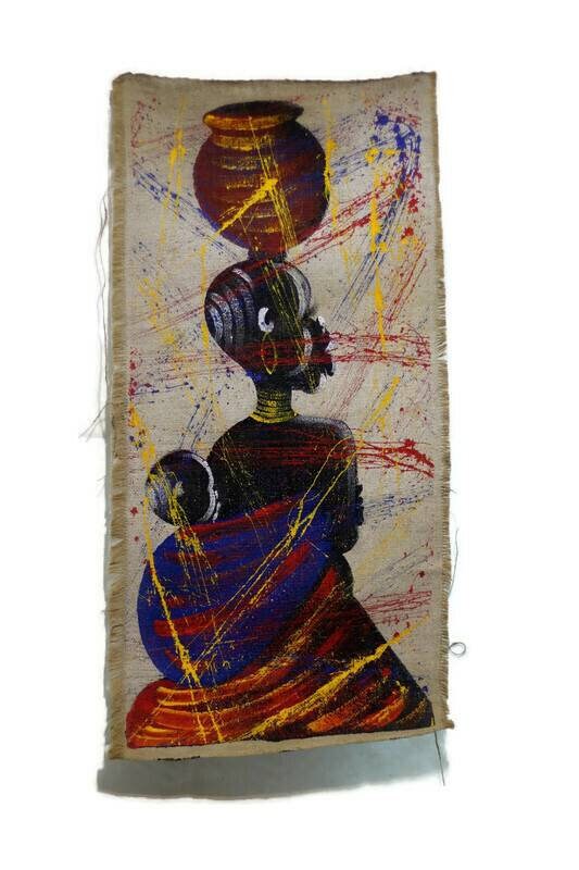 Peinture acrylique sur toile de jute représentant des femmes africaines Masaai avec un enfant. Décorations murales. Cadeaux uniques. Livraison express dans le monde entier