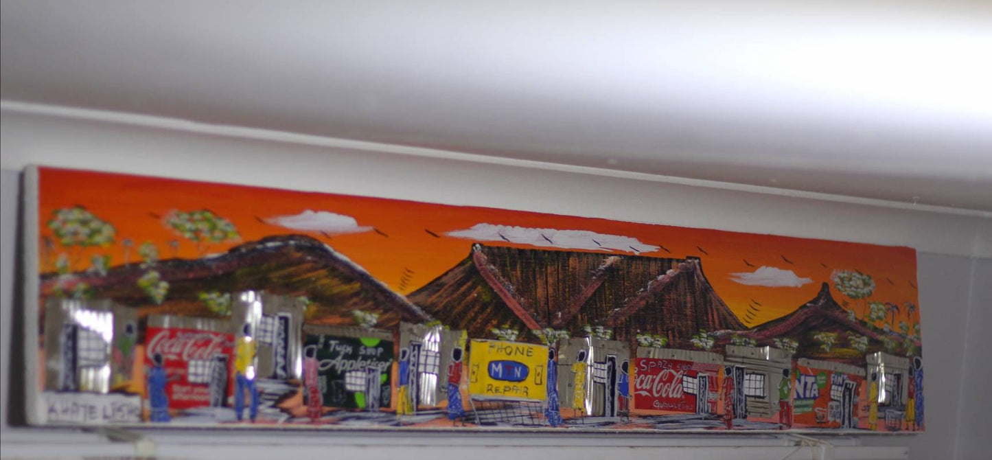 Peinture acrylique de 123 cm de large sur panneau de particules. Noir et blanc, argent et boîtes rustiques Décoration murale des townships d'art sud-africains, Montagne de la Table.