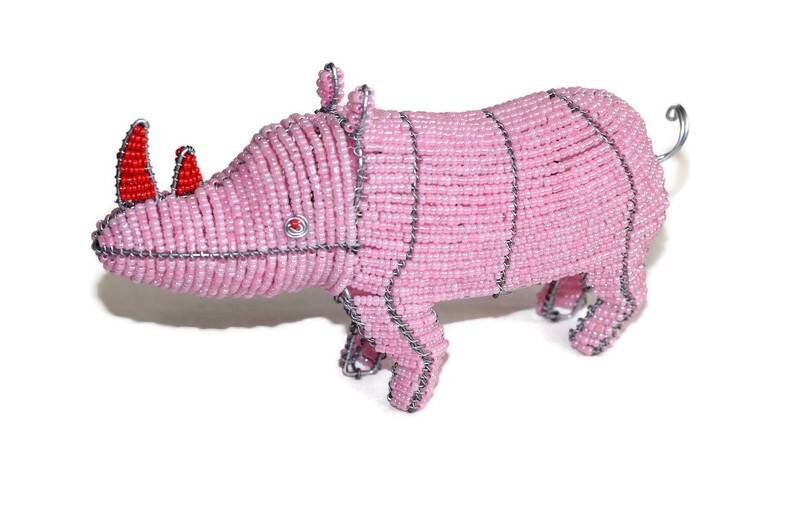 Pink Beads and Wire Rhino Figurine with red horns. African animals art. Custom Orders Welcome. Colorful Safari Collection by Job Guwhe.
