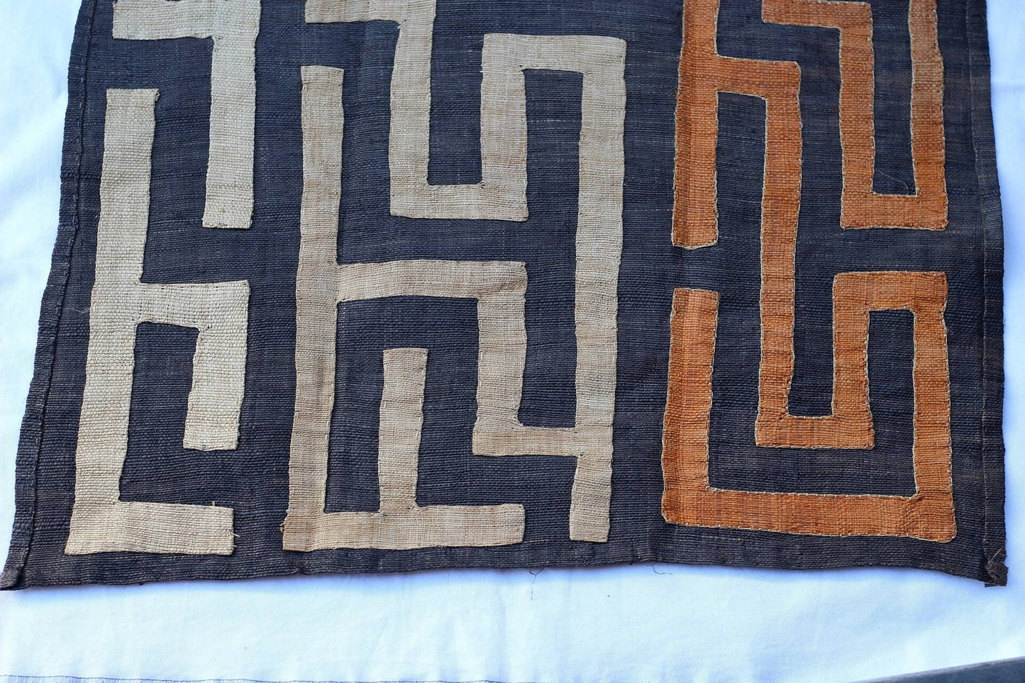 Authentic Congolese 3 Rows Kuba Clothe/throw. Orange and Beige on Black, Long Dining table decor. Also framable for Wall Art. DIY Cushions