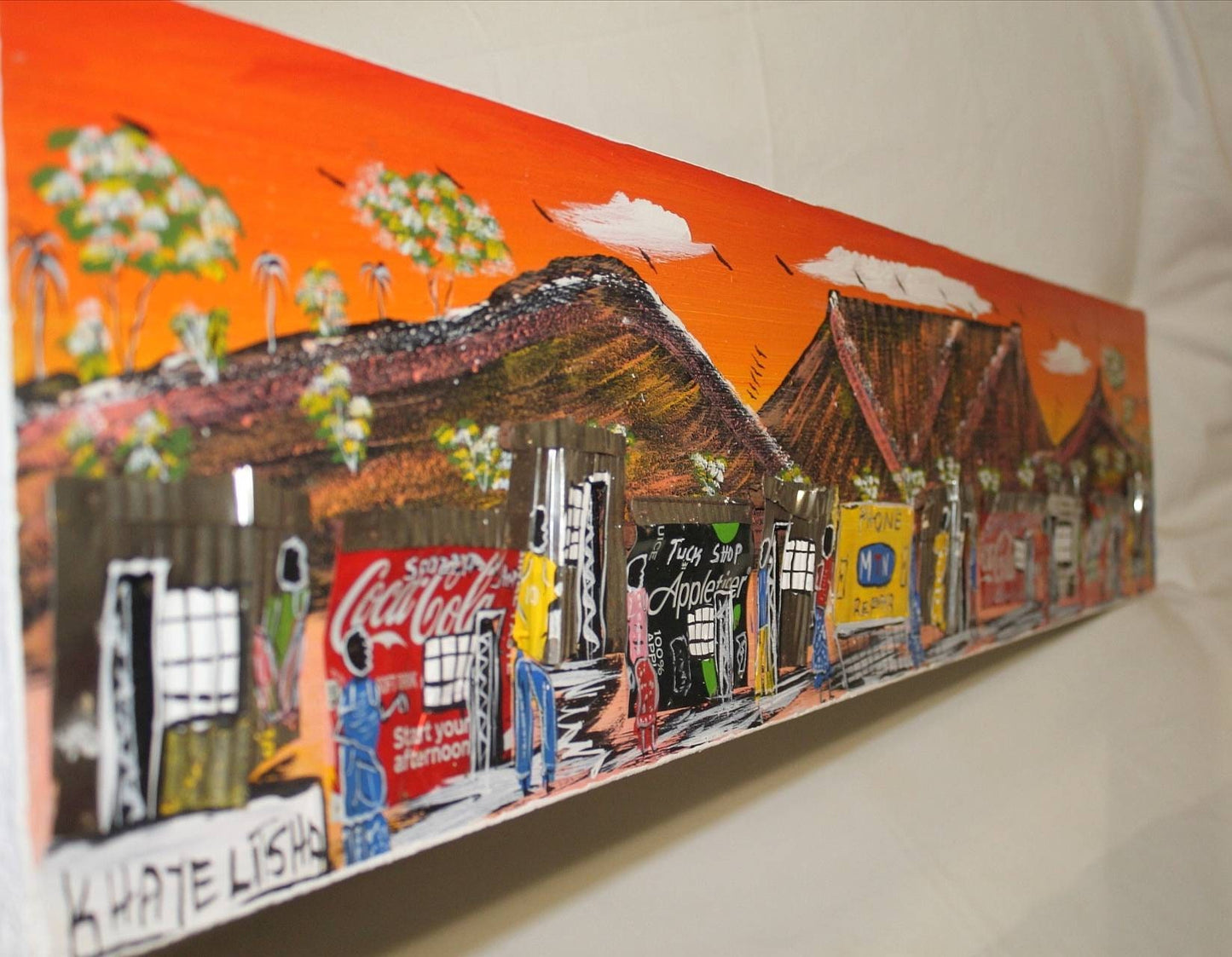 123 cm rustikale südafrikanische Township-Gemälde. Acrylfarbe auf Spanplatte. Sonnenuntergangsmotiv, Tafelberg, Kapstadt-Kunst für die Dekoration zu Hause oder im Büro