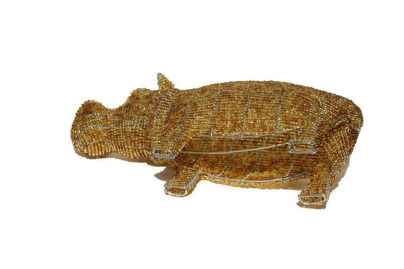 3D Beaded African Hippopotamus Sculpture. Brown/Gold beads mix and wire handmade by Job Guwhe. African Art gifts/Souvenirs. Ships Express