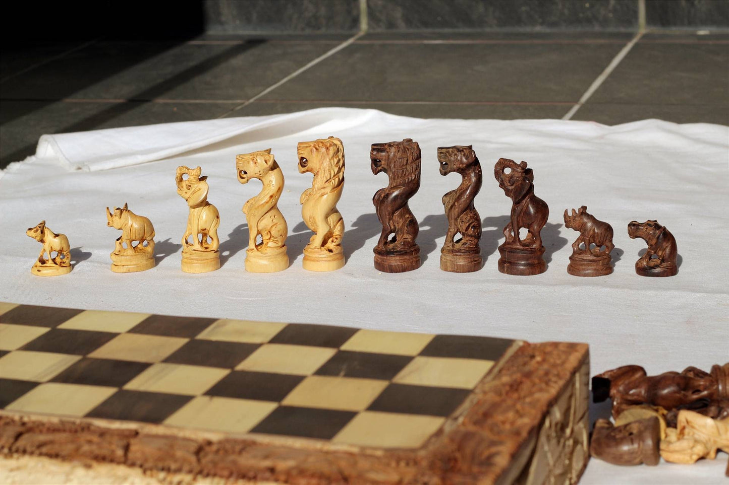 Leopard themed African Big Five Animals Chess Set Art. Wooden Hand Carved Gaming board. Unpolished Foldable Birthday gifts. Ships Express