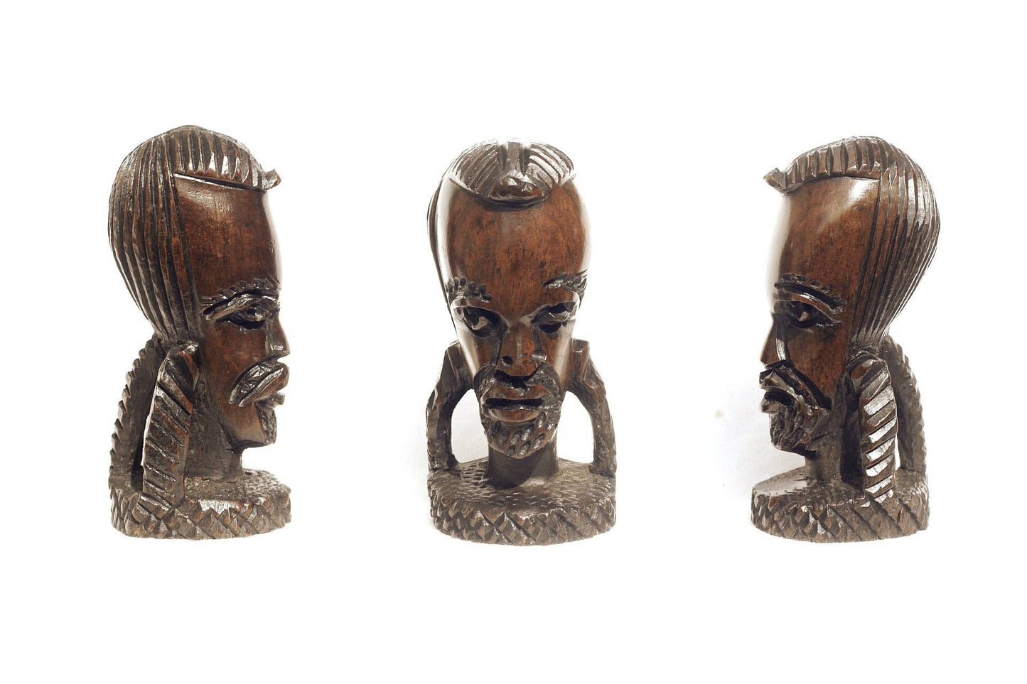 Lot de 3 têtes d'hommes Massaï africains en bois de fer sculpté. Sculptures lisses sculptées à la main. Décoration intérieure africaine pour la maison/bureau Cadeaux de Noël