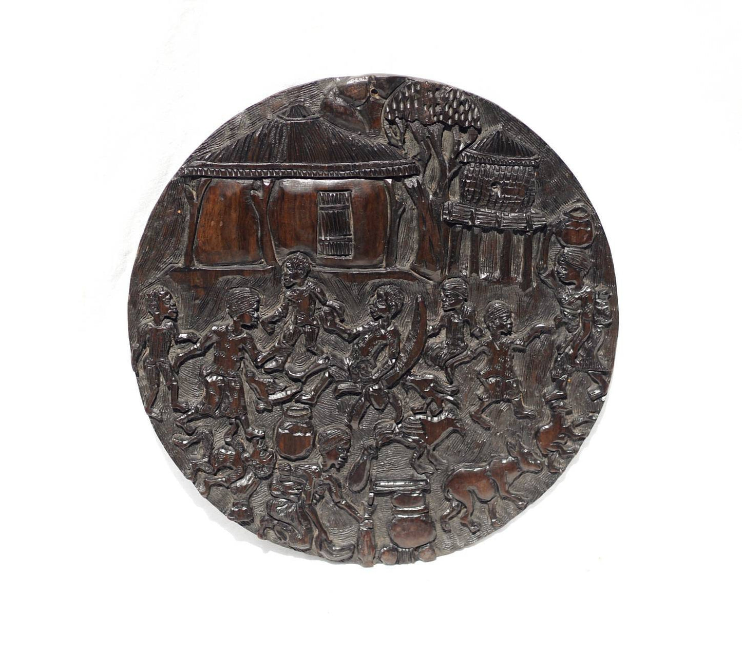 15" Afrikanisches Dorfleben Ebenholz Wanddekorplatte. Handgeschnitzter Wandbehang für Ihr Zuhause / Büro. Versandfertige Weihnachtsgeschenke