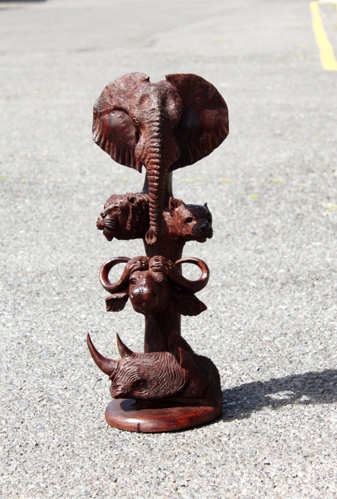 Large Mid Brown Ironwood Carved lifelike Big Five heads tower. Elephant, Lion, Leopard, Buffalo, Rhino fine Art Decor. Ready to Ship Gift