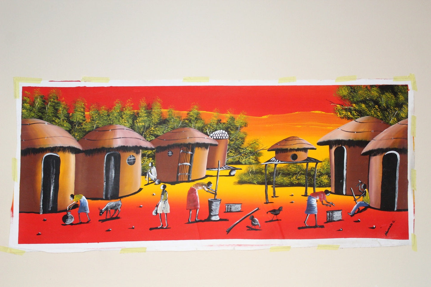 Peinture acrylique sur toile représentant un village africain au coucher du soleil, 42 × 21 po. Art mural sans cadre pour la décoration de la maison ou du bureau. Cadeaux prêts à être expédiés, 2 en stock.