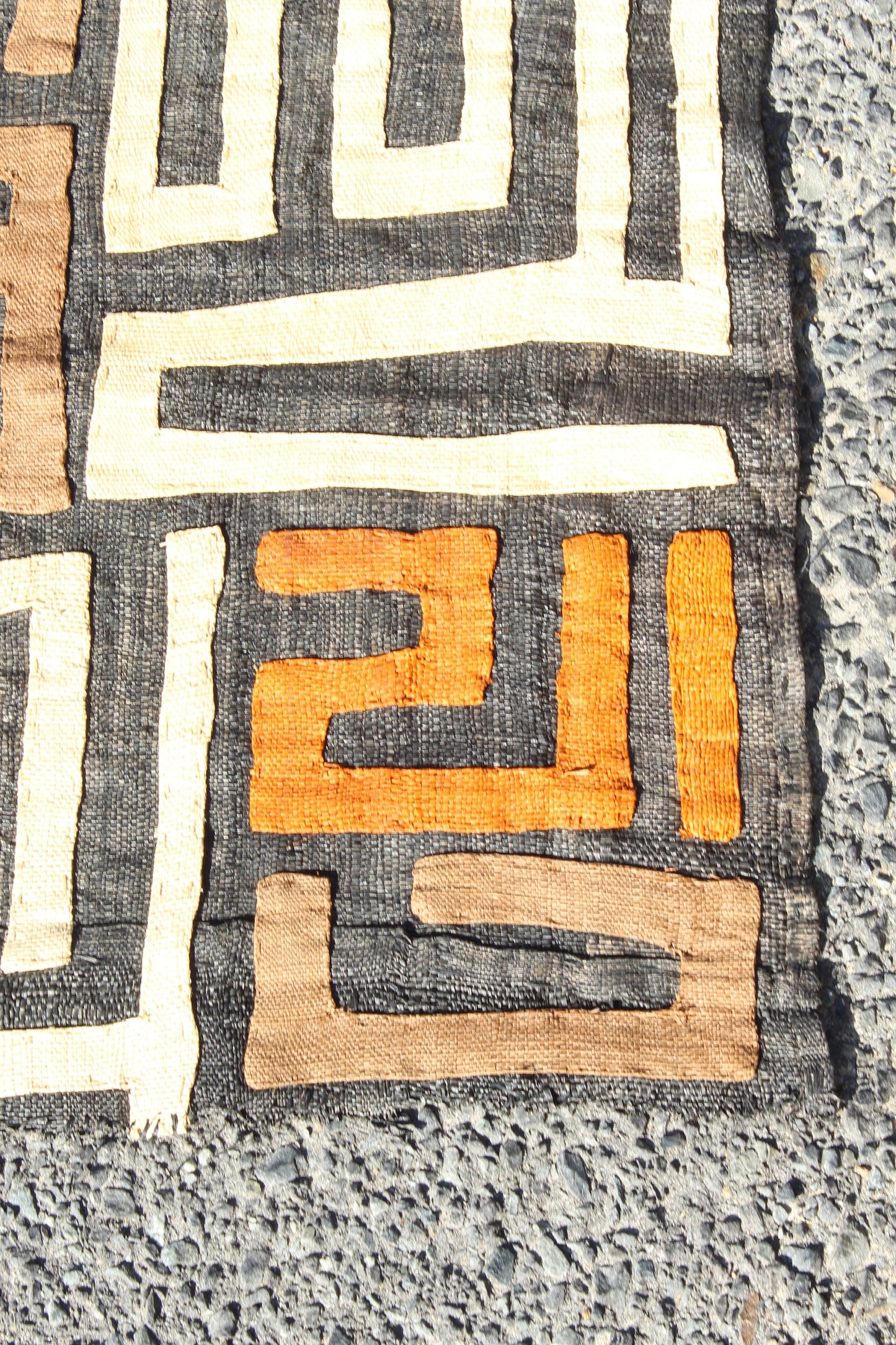 70" Authentic Congolese 2 Rows Kuba Clothe/throw. Orange, Brown, Beige on Black, Long Dining table decor. Also use as Wall Art. DIY Cushion