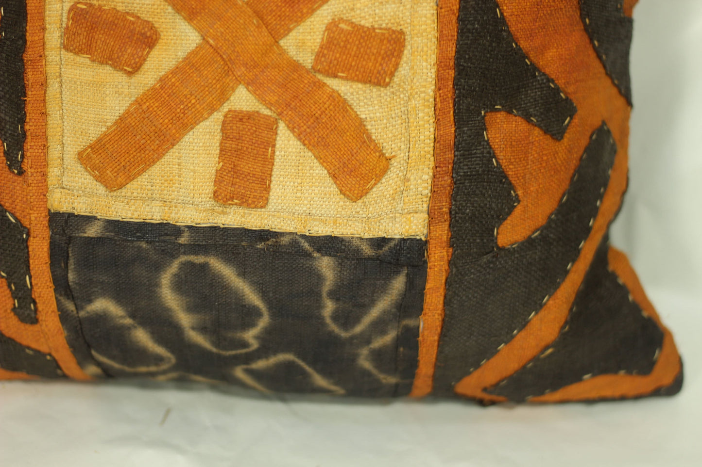 Unique Patchework Mixed colors Kuba Cloth Cushion Cover/Pillow case. Dyed Black, beige and Orange Authentic Congo raffia. Home decor Gifts
