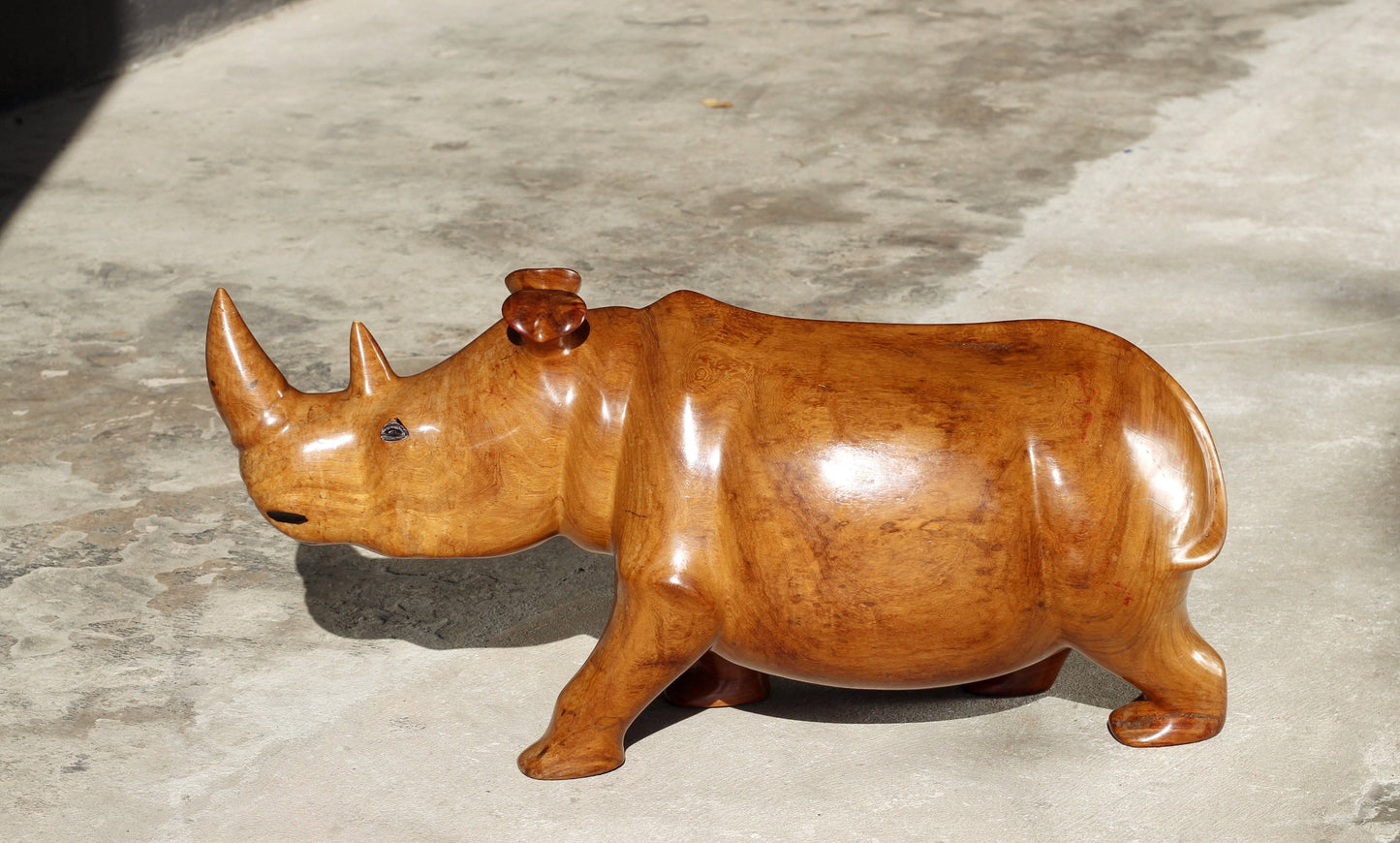 24" Large Zambian Mubanga Wood handcarved Rhino. Unique African Art Gifts, for home and office decor. Walking Long Horn Rhinoceros figurines