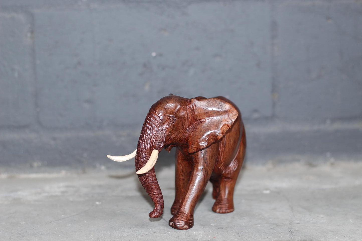Smooth fine art carved Ironwood Elephant Sculpture. Zimbabwean lifelike Safari Animal figurine. Unique African Big 5 gift Ready to Ship