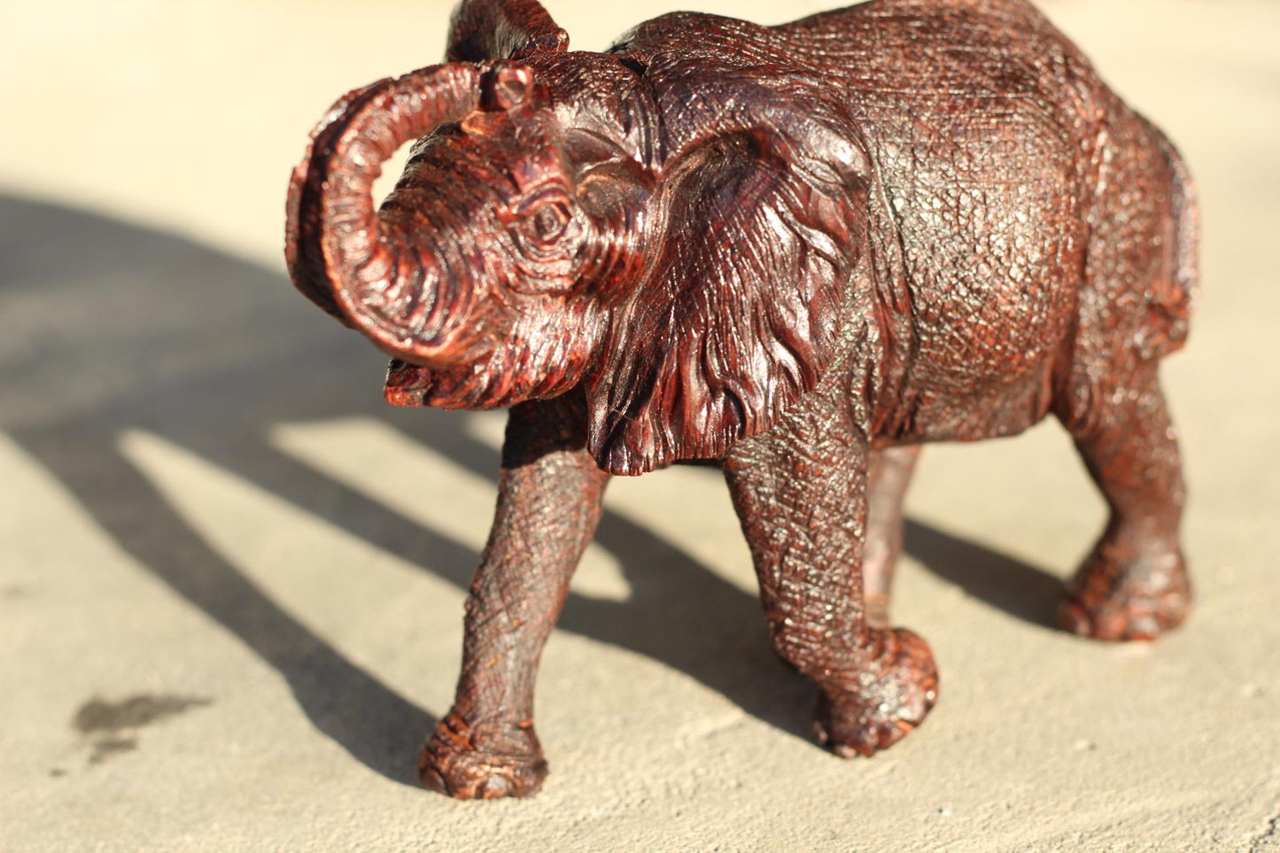 Realistic Elephant Carving Ironwood Sculpture. Walking with trunk upwards, Zimbabwean hand carved fully detailed art figurine. Ready to Ship