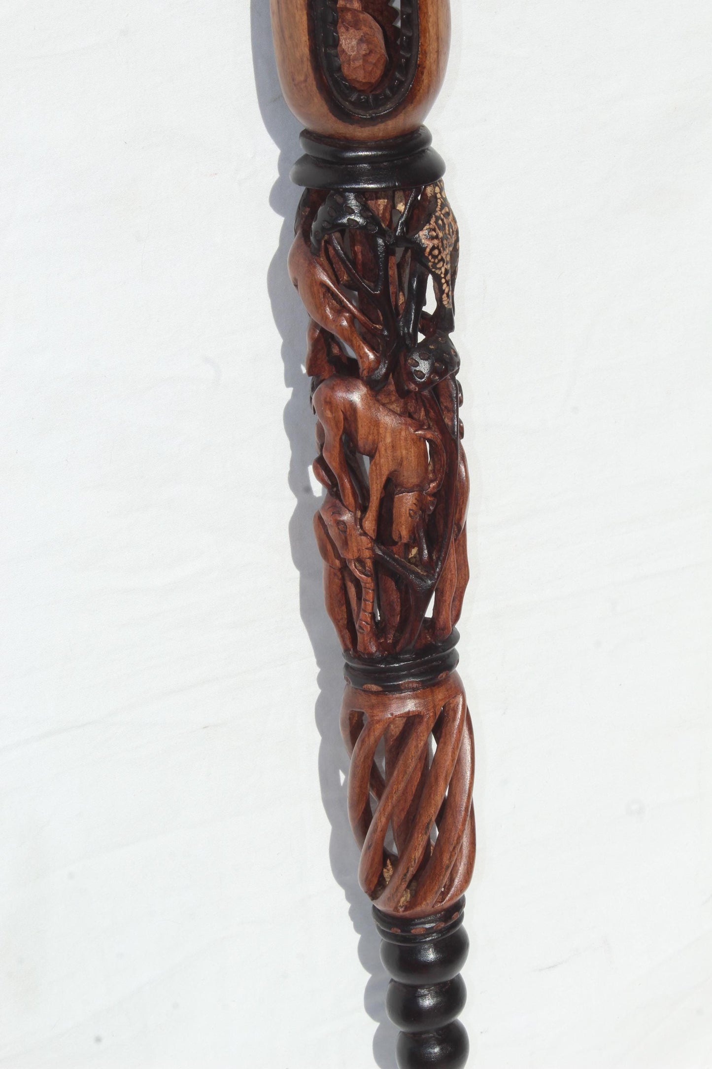 Olive Wood Animal Theme Walking Cane. Black And Brown Smooth Carved African Art Walking Stick. Antelope, Giraffe, Elephant, Lion, Leopard