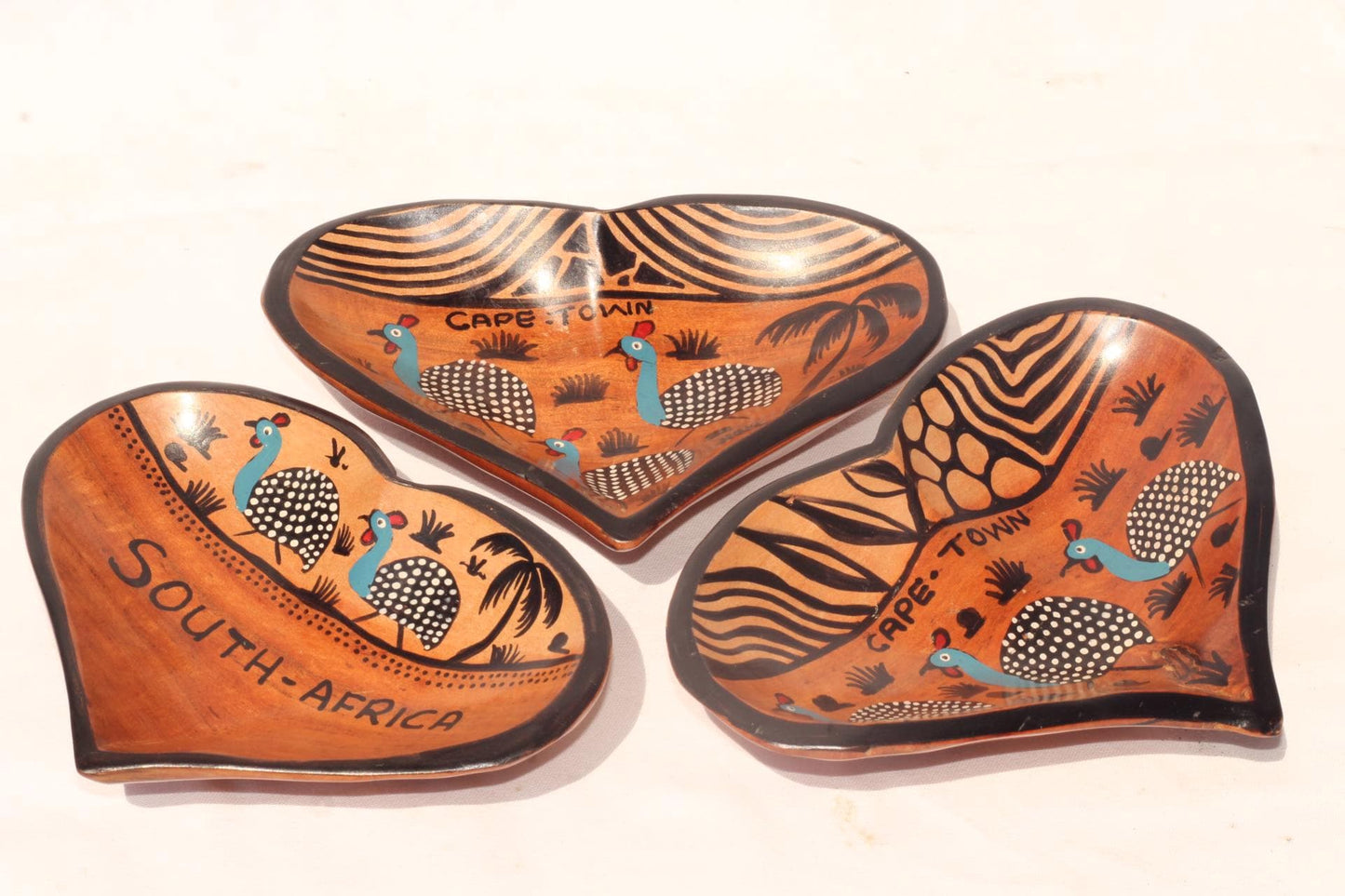 3 x Heart Shaped Guinea Fowl South African Theme animal print Bowls. Painted Teak wood table centerpiece bowls. Mozambique handmade Art gift