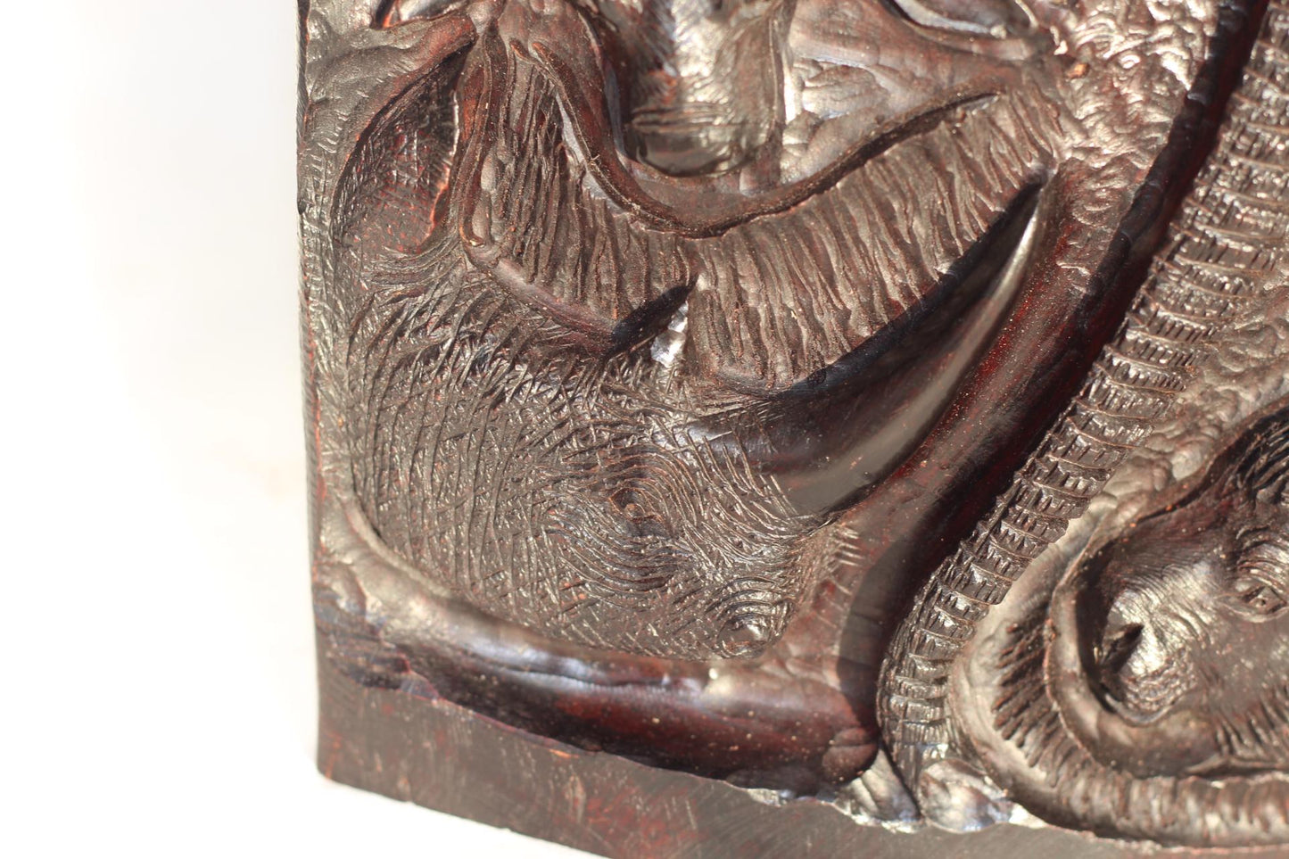 Iron Wood African Big 5 Animal heads hand carved Masterpiece. Table top Decor Self Standing 17inch Panel. Zimbabwe Dark Brown Polished Art