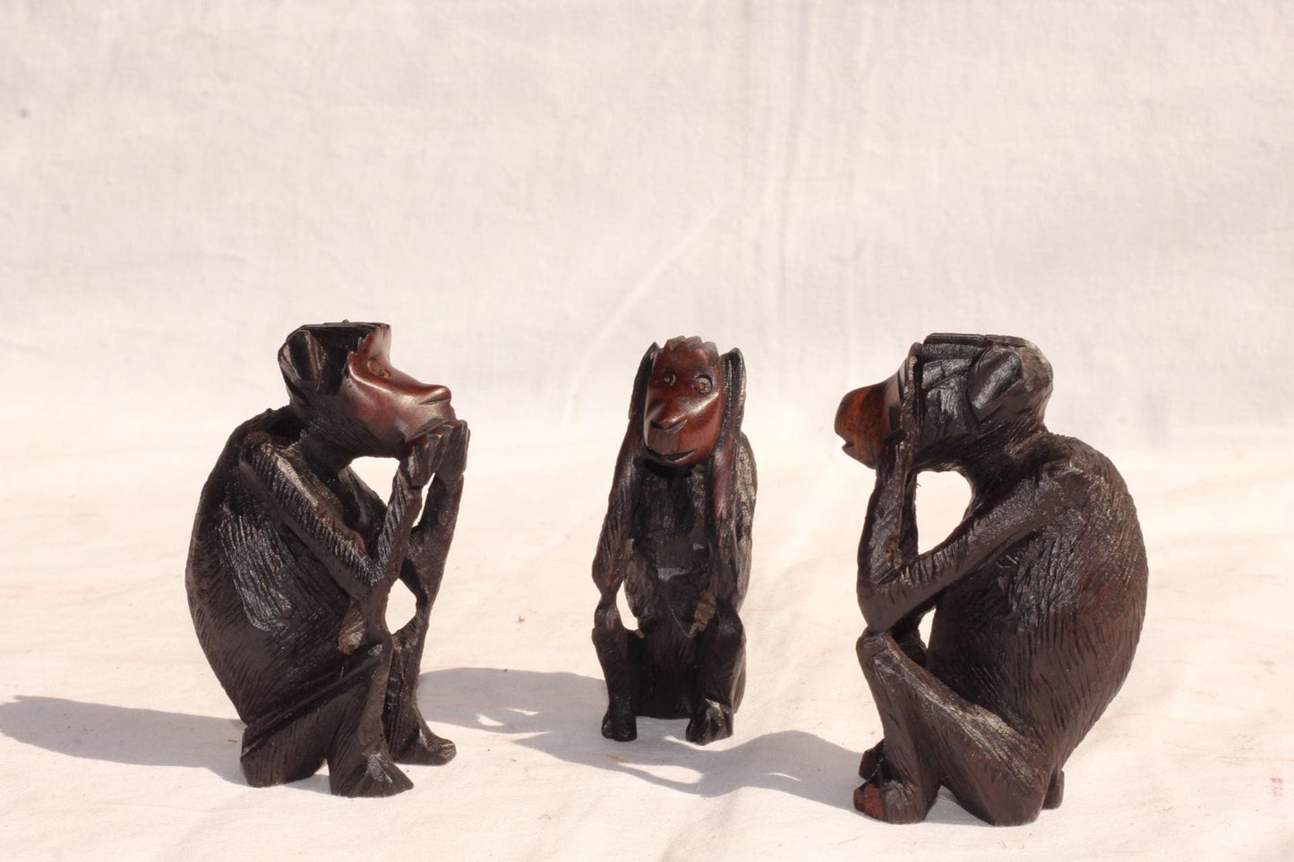 Three Wise Monkeys Mahogany Wood Malawi Hand Carved Figurines. African Art Decorations gift Set. Christmas gifts Ready to Ship Worldwide.