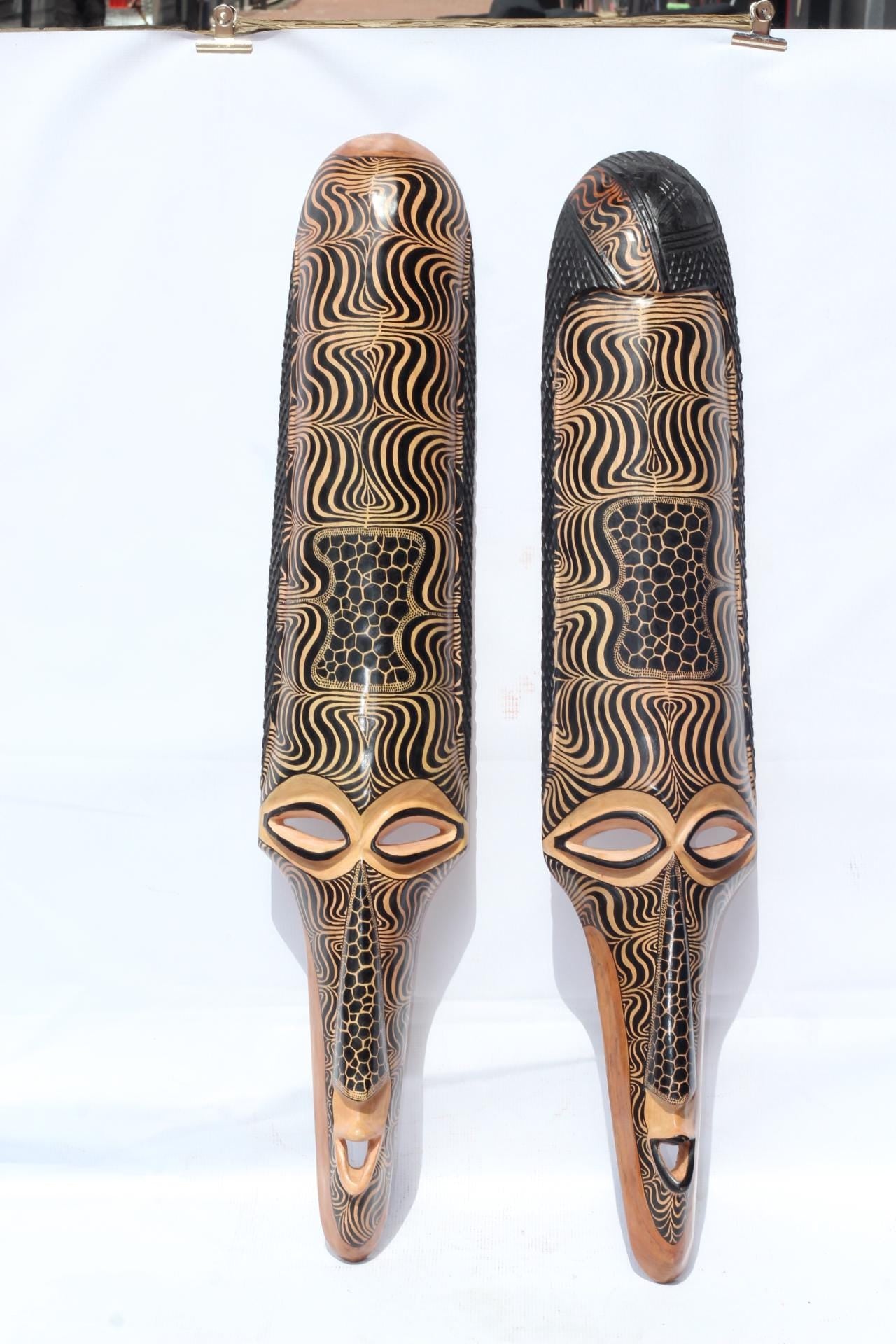 40" Pair Large Teakwood Masks with Zebra and Giraffe Print Theme . Male and female interior decor Wall Hanging Gift for Hotel, home/Office