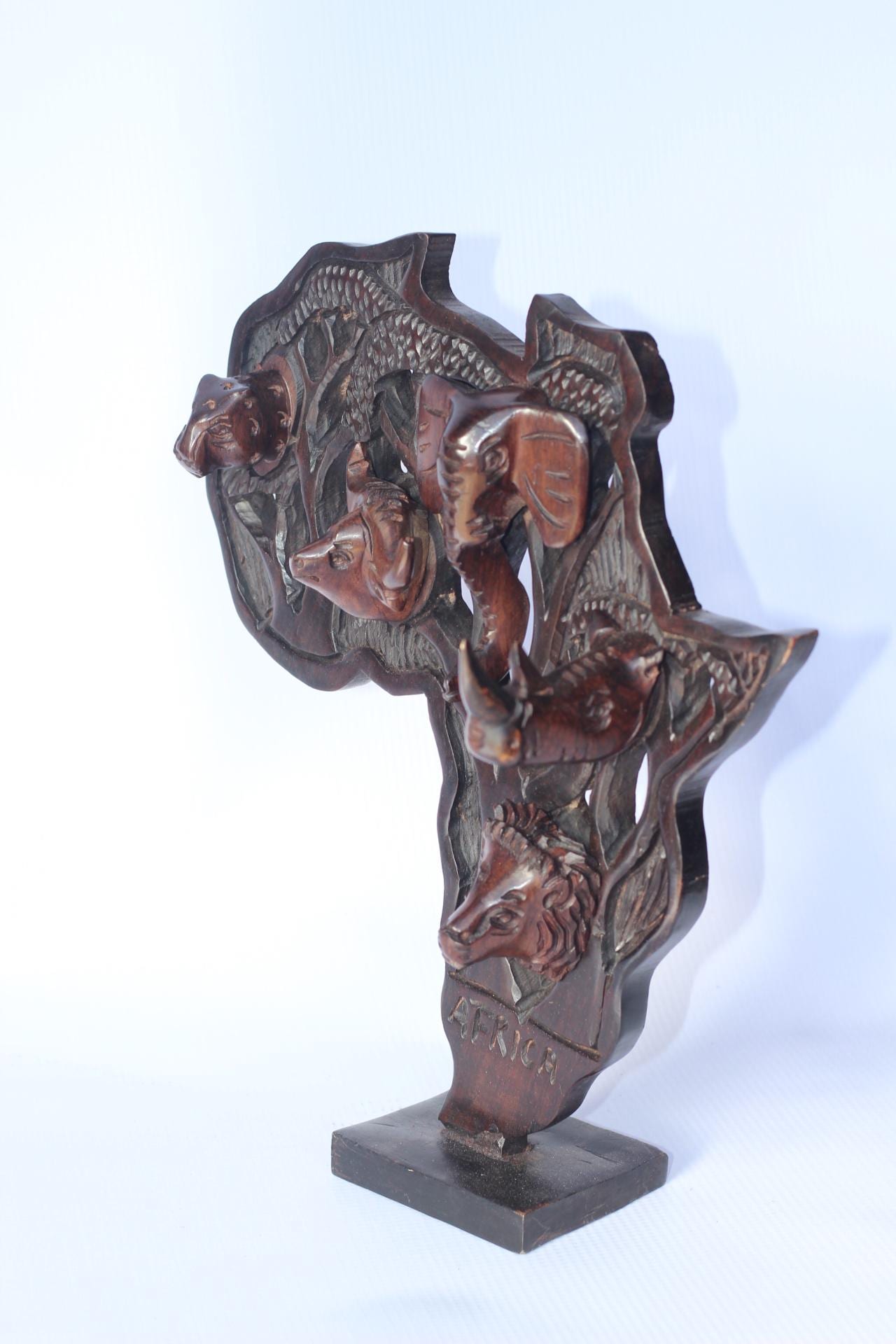 Iron wood Big Five Carved African Map table decor. Wildlife /Safari Themed Malawi handcarved map with stand. Big 5 Gifts ready to Ship