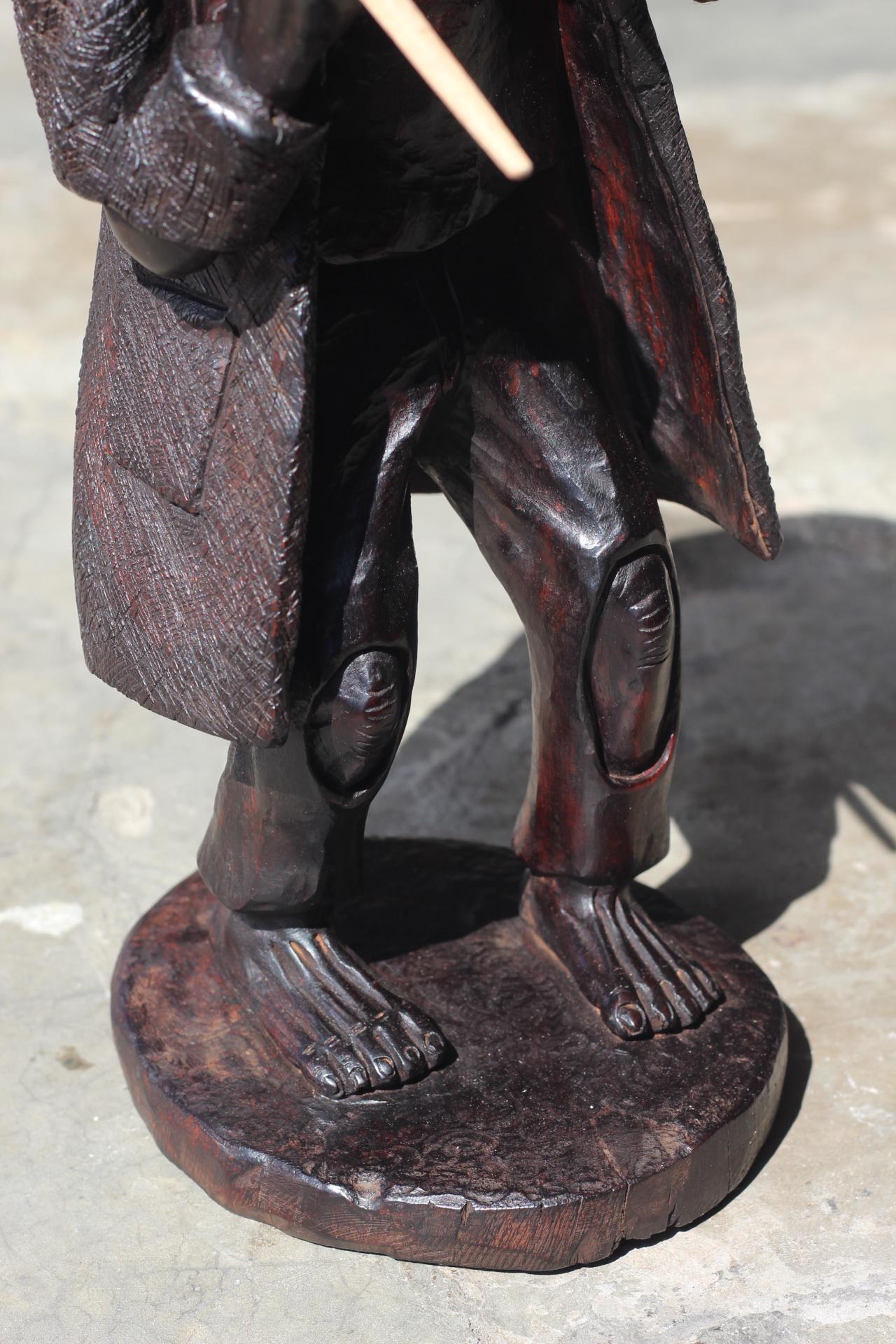 Vintage Ironwood Handcarved African Elderly man smoking a pipe and carrying a stick on the shoulder. 16 inches Tall, Ready to Ship Art Gifts