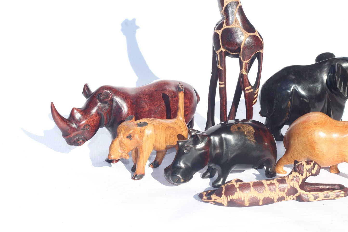 Set of 7 Carved Wooden Safari animals. Olive Wood Elephant, Hippos, Baboon, Rhino, Warthog and Giraffe figurines. African gift ready to Ship
