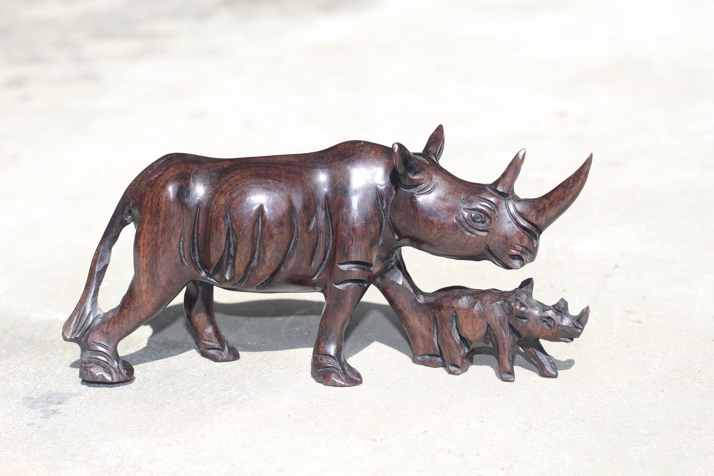 Iron wood Malawian style Rhinoceros mother and calf figurine. Handcarved Unique African animal Decor. Ready to Ship Mothers day gift.