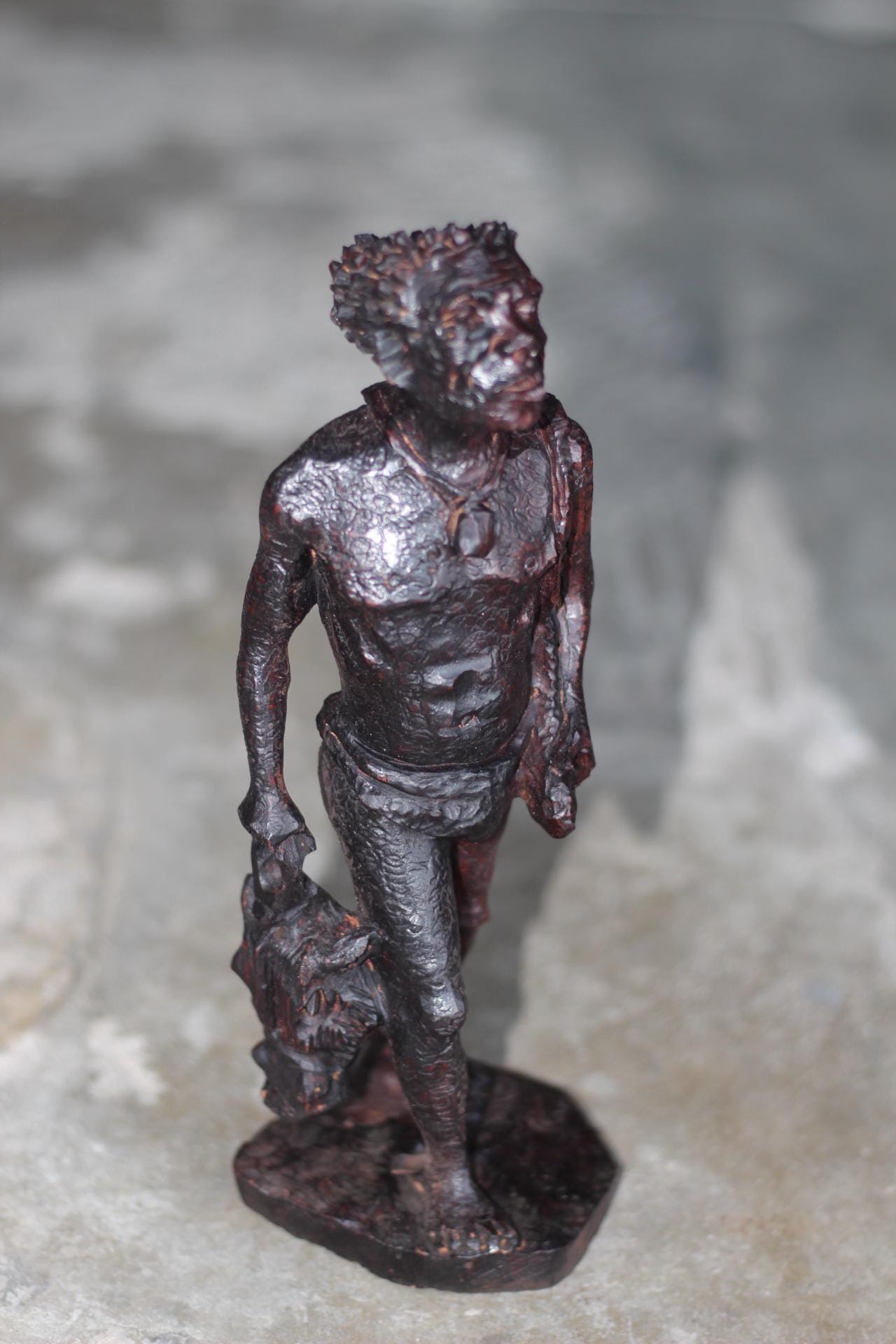 Iron wood Handcarved Khoisan Hunter carrying his Catch (Antelope) and Spears. Ready to Ship African Art Gifts.