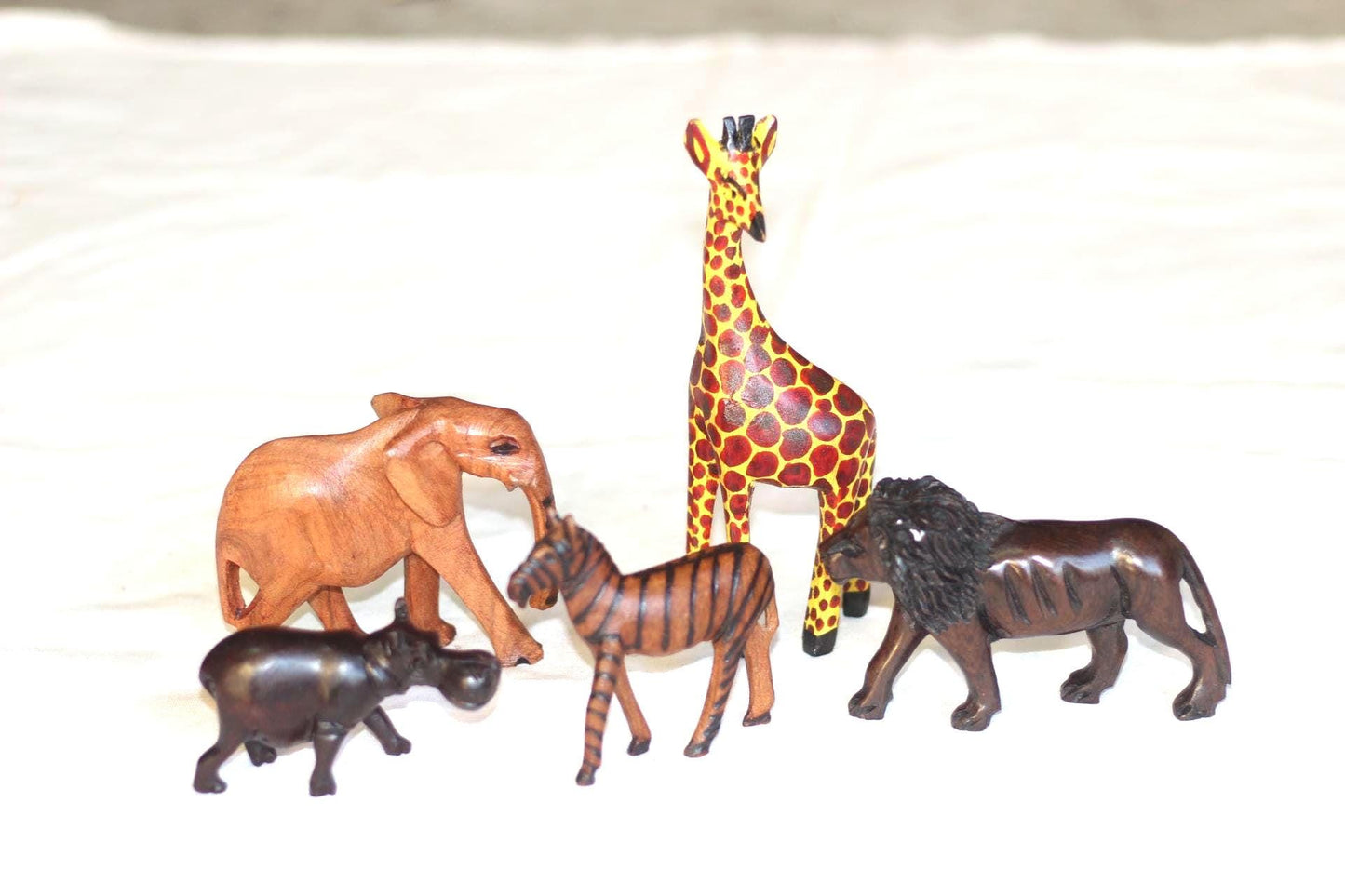 Set of 5 Carved Wooden Safari animals. Olive Wood Elephant, Hippo, Zebra, lion and Giraffe figurines. African Christmas gift ready to Ship