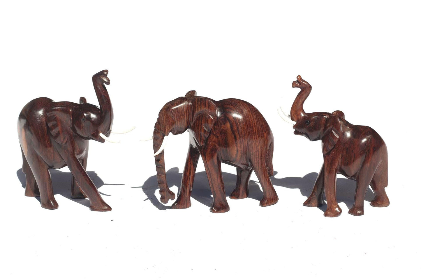 Zambian style Ironwood elephant figurines Set of 3. Unique smooth polished walking animal sculpture. Perfect African birthday/wedding gifts