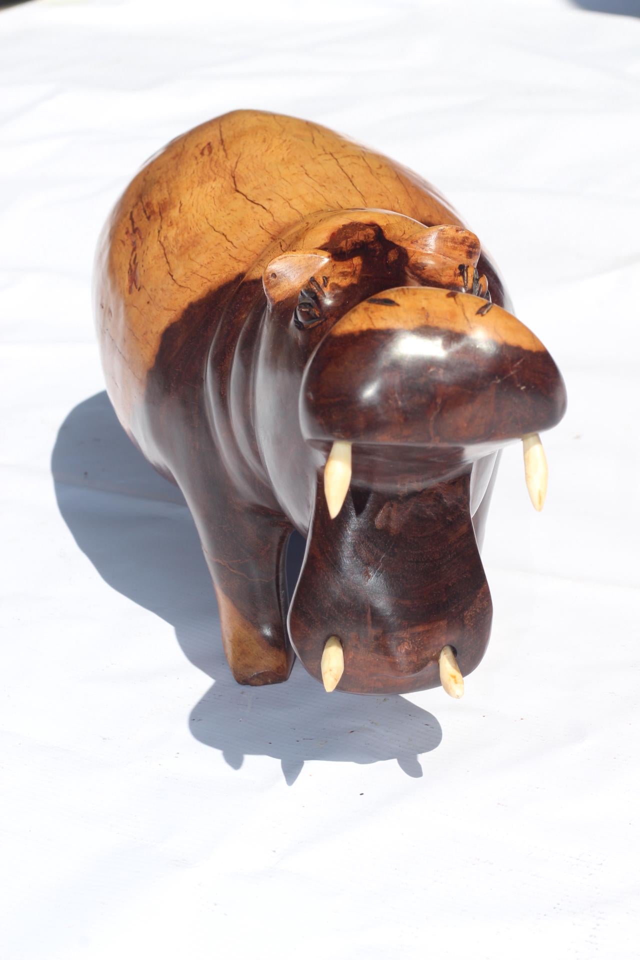 One of a kind Multi coloured Iron Wood Smooth Hand Carved Hippo with Mouth Open. African Handmade Art figurine/Christmas gift.