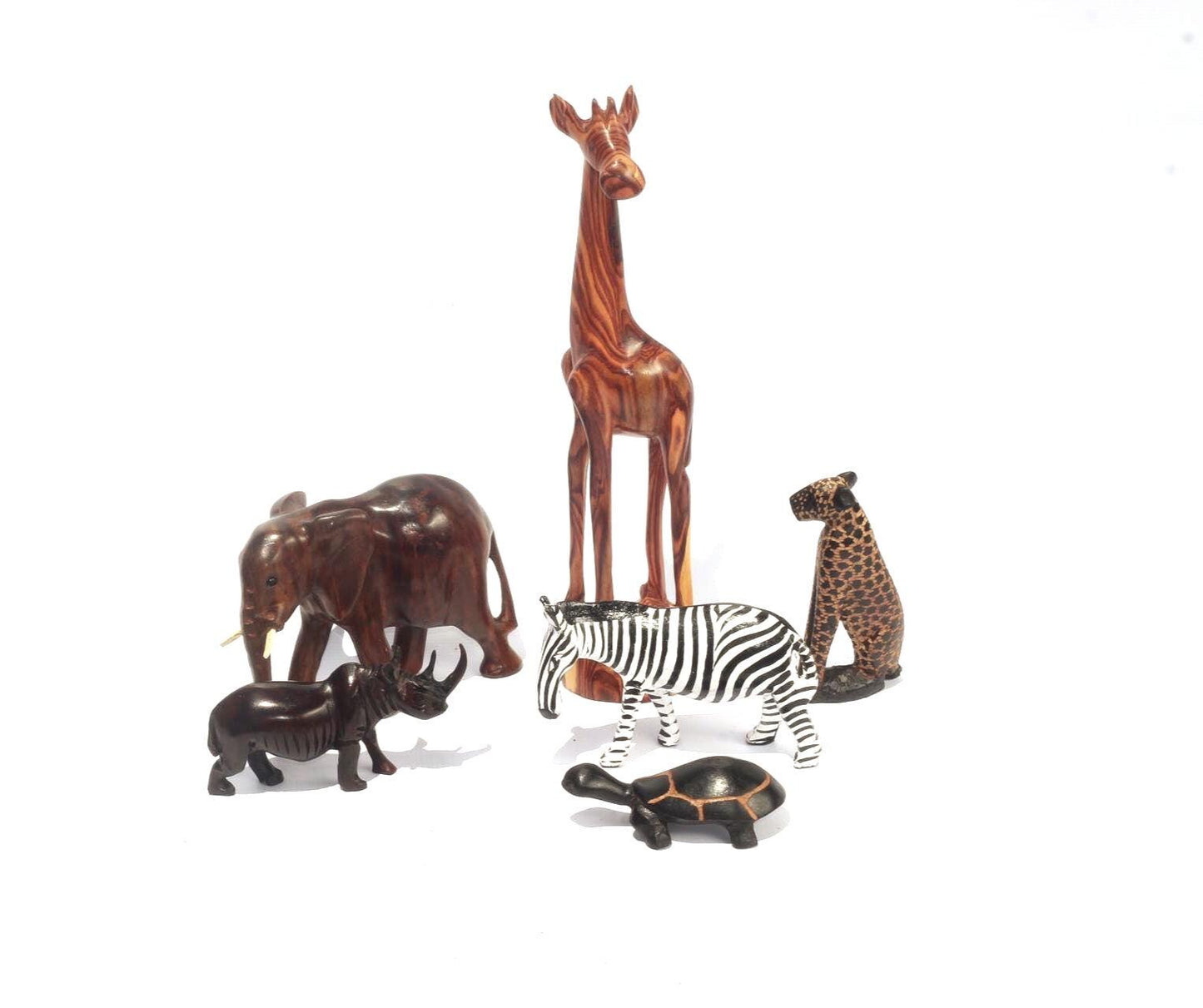 Set of 6 Carved Wooden Safari animals. Olive and Ironwood Elephant, Zebra, Rhino, Leopard, Turtle and Giraffe figurines. African Art Giftset