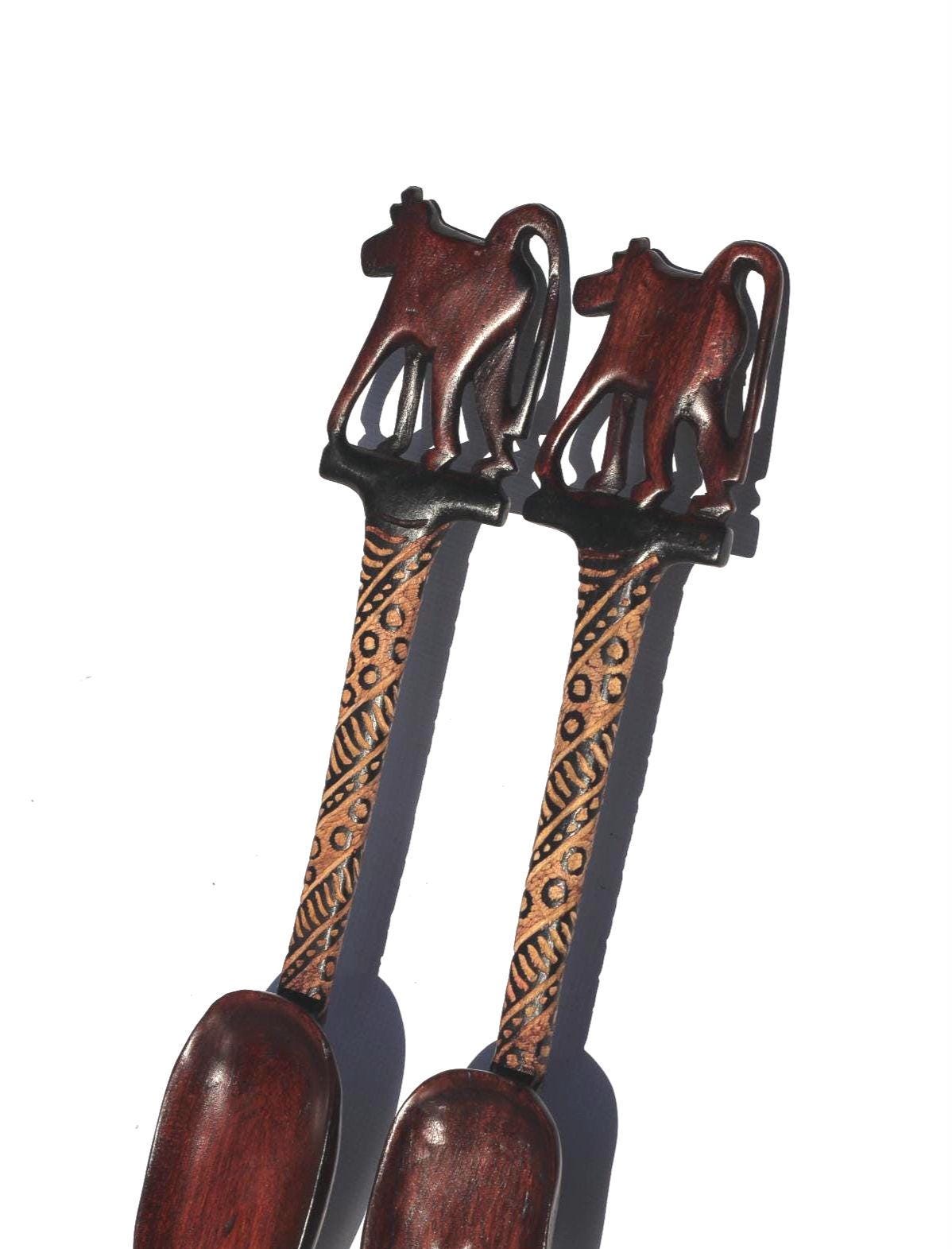 Dark Brown Baboon themed Olive Wood Spoon and Spork/ Fork Giftsets. Zimbabwe hand Carved and gouged Artwork for wall or table decor gifts