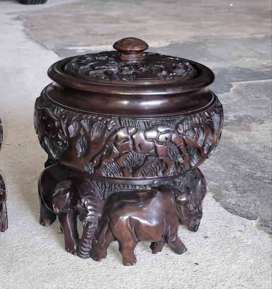 Custom Order Animal Theme Art Iron Wood Hand Carved Storage Bowl. Basin with African Big 5 animals and Tree Carvings. Ready to Ship