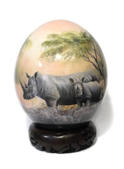 Custom Order for Frank, 2 Ostrich Eggs Decoupage Art. Long Horn Front Facing Rhino on an Africa Nova Descriptio Map background. Anniversary Gifts Ready to Ship