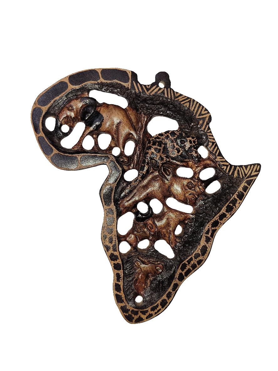 Olive wood Big Five Hand Carved and gouged African Map wall hanging. 37cm Potassium polished light brown Wall Decor. Zebra and Giraffe Theme