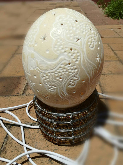 Bedside lamp (Carved Ostrich egg/ Scrimshaw) with bead and wire stand, Original handmade African lampshade. Hand crafted Art Decoration/Gift