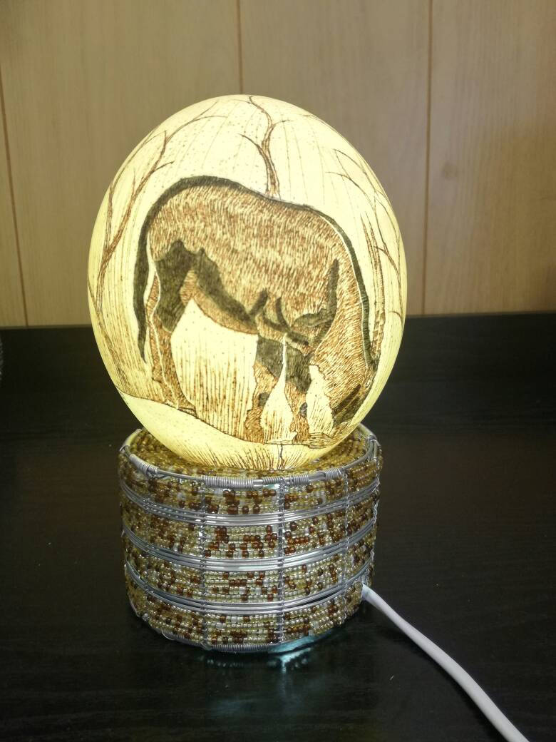 Bedside lamp (Carved Ostrich egg/ Scrimshaw) with bead and wire stand, Original handmade African lampshade. Hand crafted Art Decoration/Gift