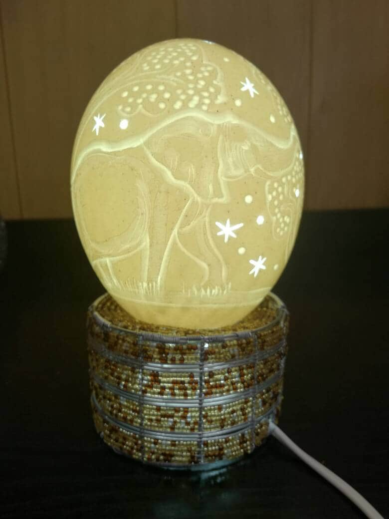 Bedside lamp (Carved Ostrich egg/ Scrimshaw) with bead and wire stand, Original handmade African lampshade. Hand crafted Art Decoration/Gift