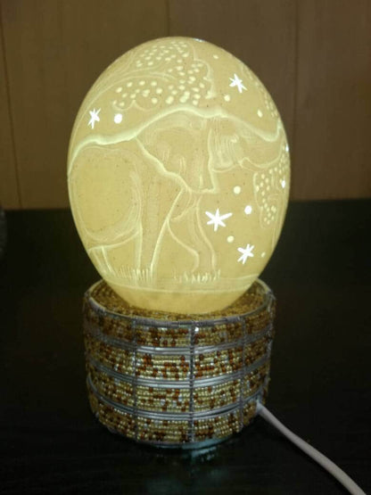 Bedside lamp (Carved Ostrich egg/ Scrimshaw) with bead and wire stand, Original handmade African lampshade. Hand crafted Art Decoration/Gift