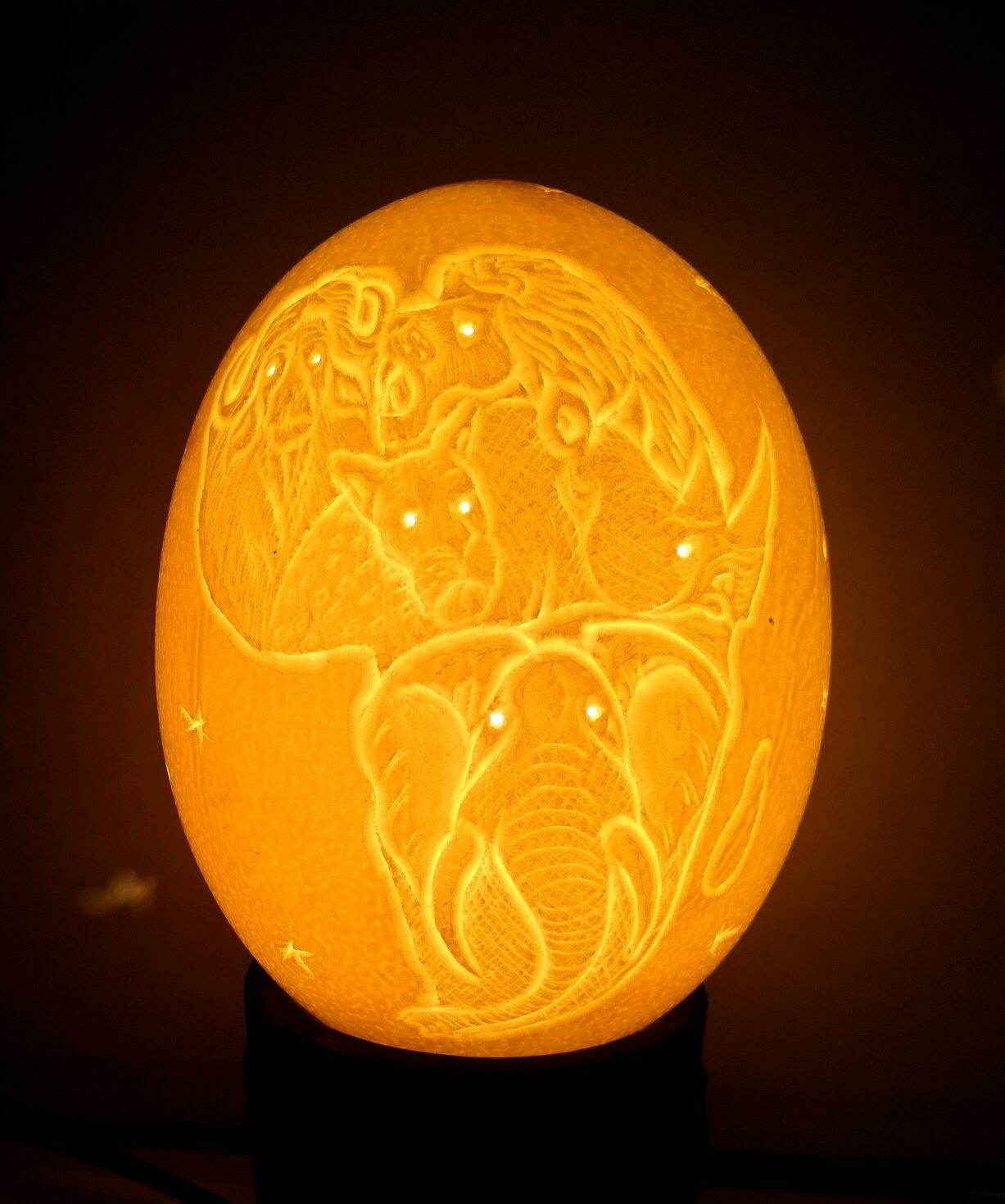 Beautifully Carved Ostrich Egg with Big Five Animal heads shaping up the African Map. Carved Bedside Lampshade. Housewarming Art gifts.