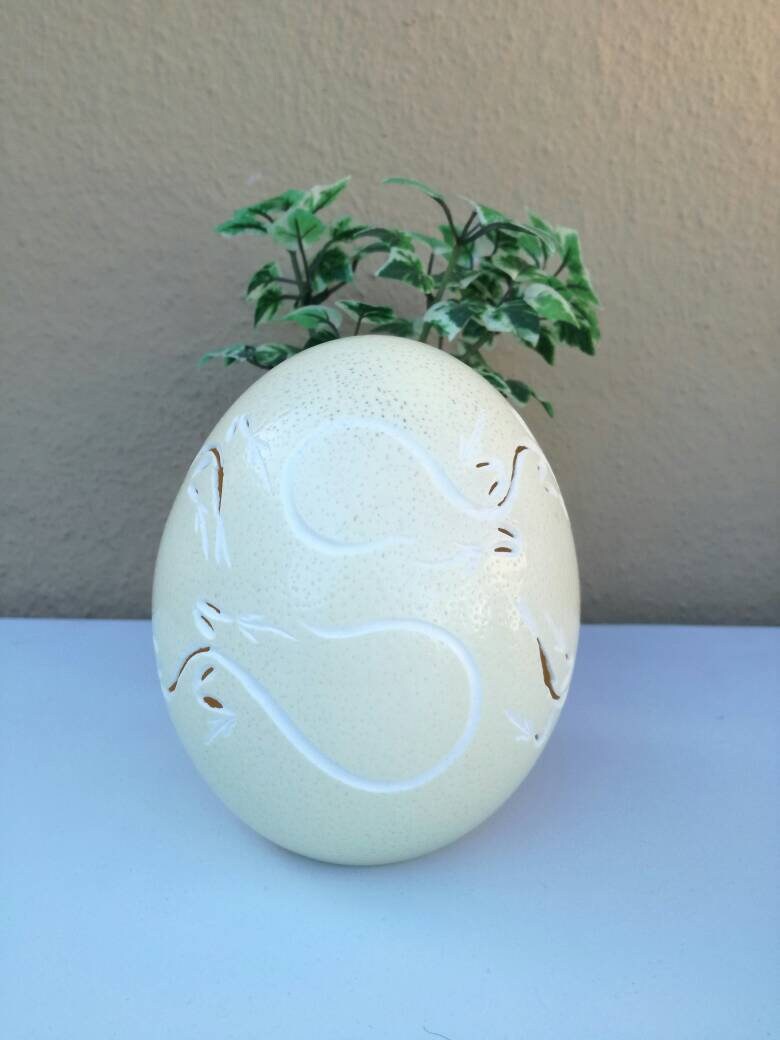 Lizard Carving on Ostrich Eggs Lampshades, House warming gifts. South African Art Decorations, Hand carved souvenirs. Unique Wedding Gifts.