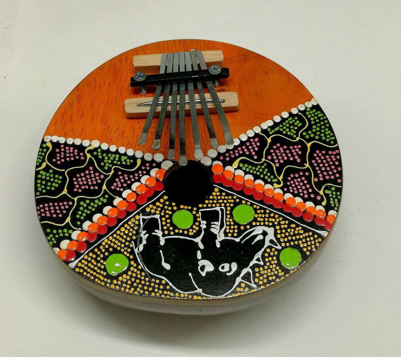 Kalimba Marimba, Mbira African traditional Thumb Piano Music Instrument. Well polished coconut shell and painted wood with seven metal keys