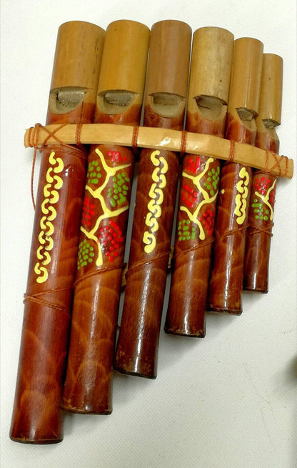 Bamboo Pan Flute Musical Wind Instruments. 6 pipes Sound original bamboo flute. African style painted on shiny bamboo pipes. By JNGcape