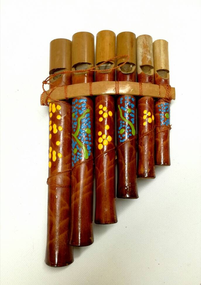 Bamboo Pan Flute Musical Wind Instruments. 6 pipes Sound original bamboo flute. African style painted on shiny bamboo pipes. By JNGcape