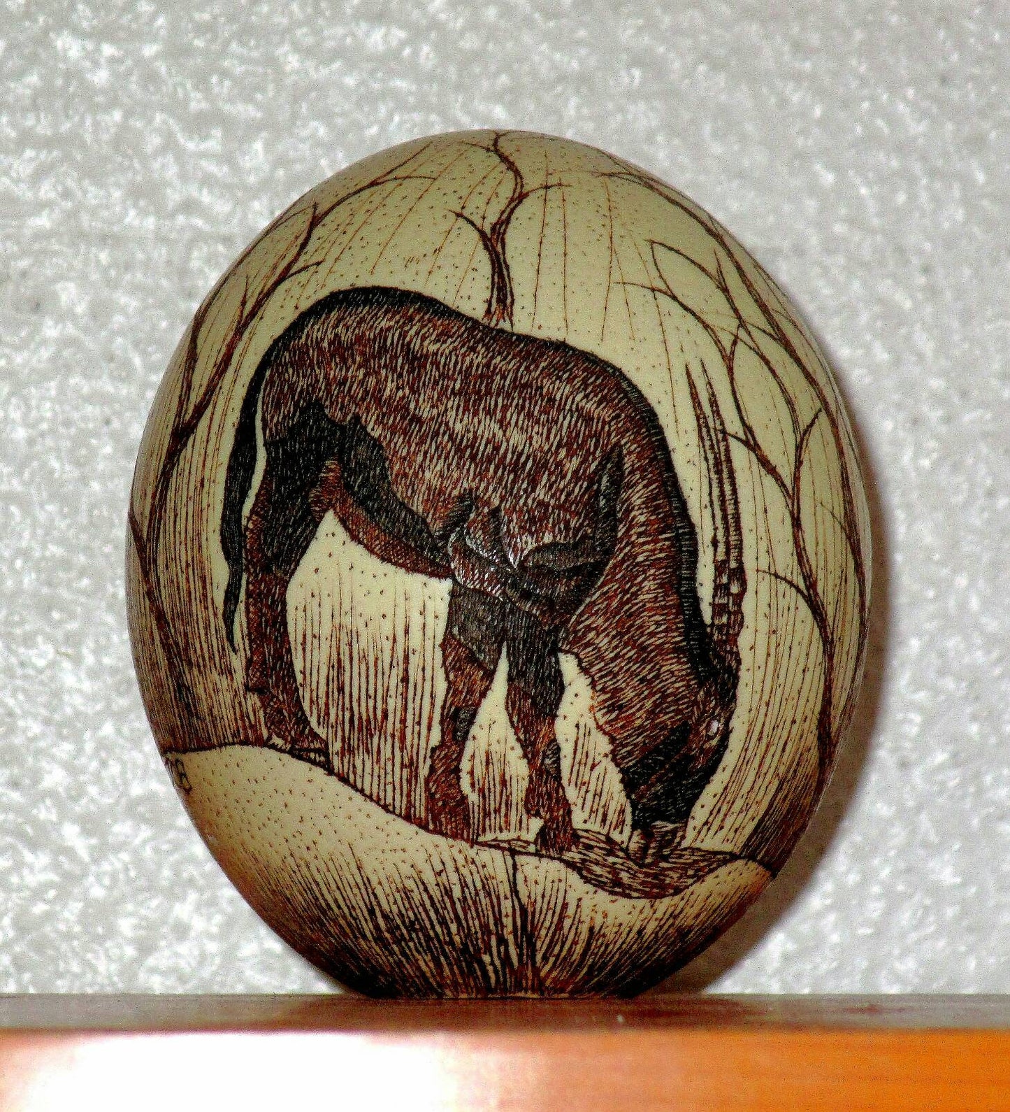 SCRIMSHAW  Oryx  (Gemsbok) Carved Ostrich Egg with burnt Amber paint, Ostrich Egg Art, Wildlife Carved Egg. Decorative Ostrich Egg Art. Gift