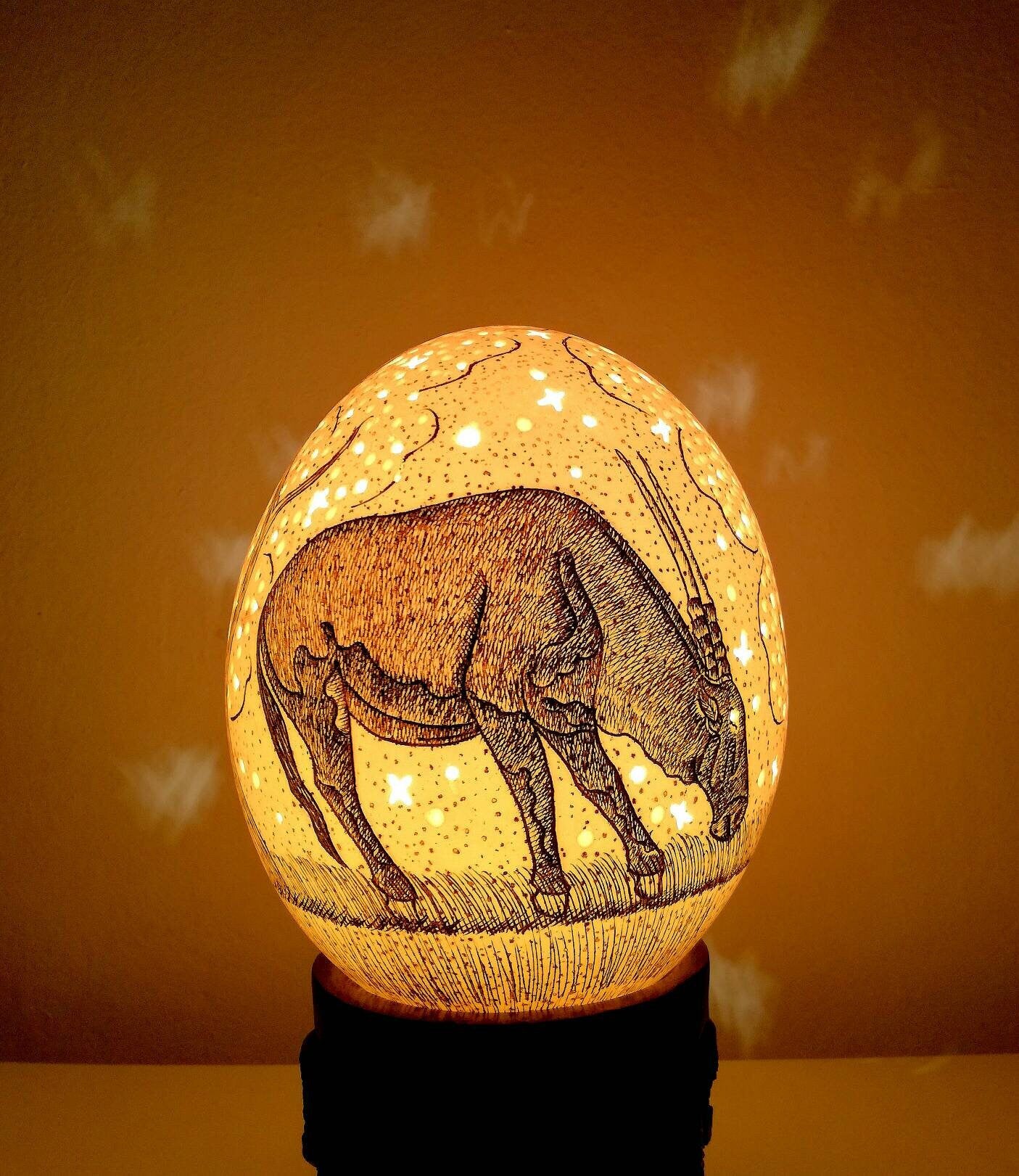 SCRIMSHAW  Oryx  (Gemsbok) Carved Ostrich Egg with burnt Amber paint, Ostrich Egg Art, Wildlife Carved Egg. Decorative Ostrich Egg Art. Gift