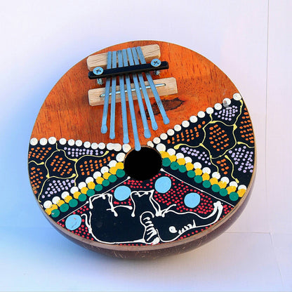 Kalimba Marimba, Mbira African traditional Thumb Piano Music Instrument. Well polished coconut shell and painted wood with seven metal keys