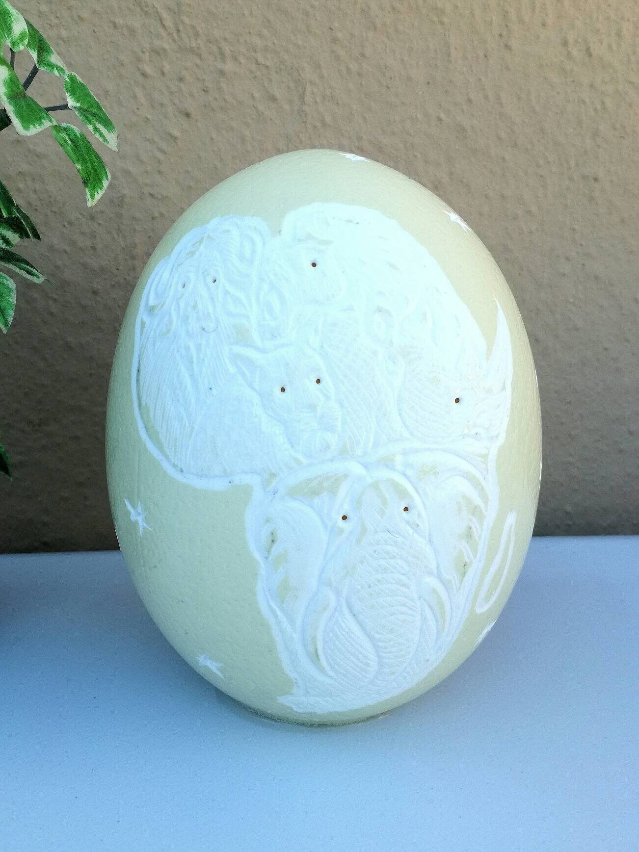 Beautifully Carved Ostrich Egg with Big Five Animal heads shaping up the African Map. Carved Bedside Lampshade. Housewarming Art gifts.