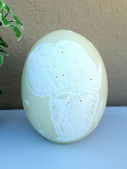 Beautifully Carved Ostrich Egg with Big Five Animal heads shaping up the African Map. Carved Bedside Lampshade. Housewarming Art gifts.